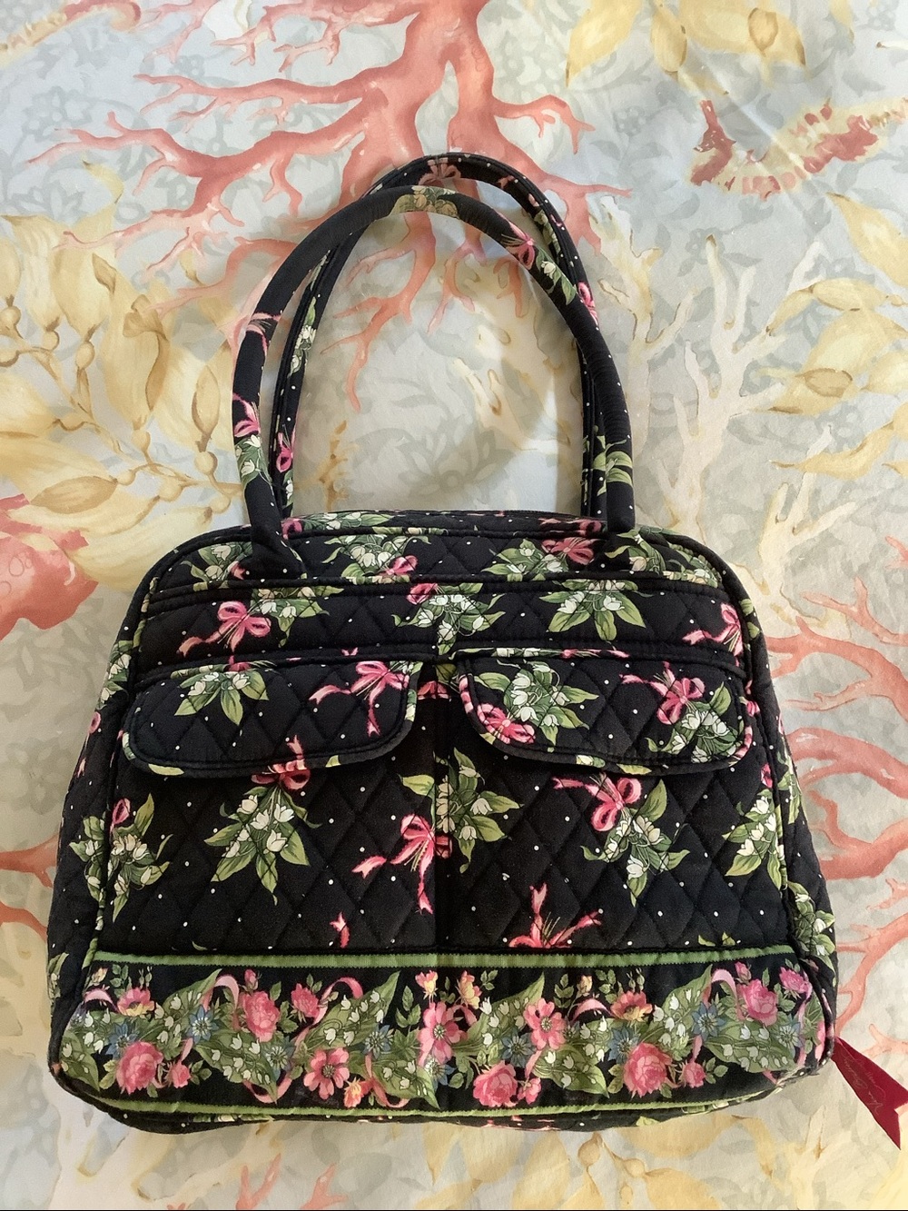 Vera Bradley Vintage Black Quilted Tote with Pink & Green Floral Print